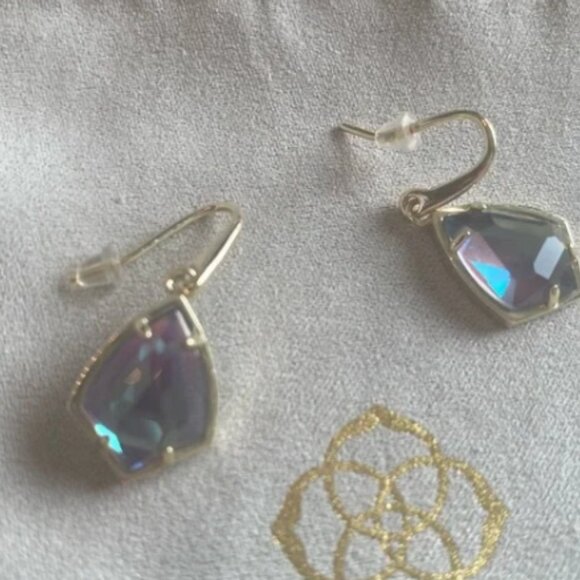 Kendra Scott Gold Tone Cory Drop Earrings Blue Dichroic Glass - Retired HTF - Picture 2 of 5